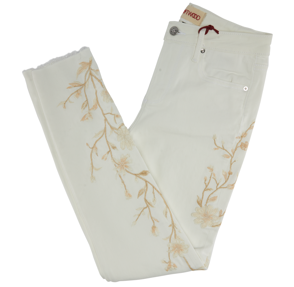 Driftwood white jeans/tan embroidery - Jackie Skinny